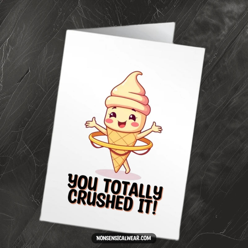 Funny free printable congratulations card featuring a smiling ice cream cone character spinning a hula hoop, celebrating a sweet achievement.