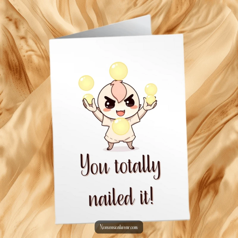 Funny Free Printable Congrats Card: Mischievous character playfully juggles glowing orbs, celebrating a great accomplishment.