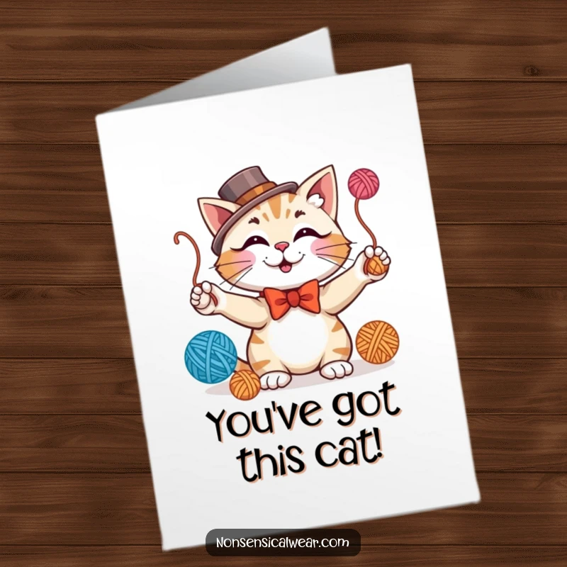 Funny Free Printable Congratulations Card: A fancy cat juggling yarn balls to signify a great achievement.