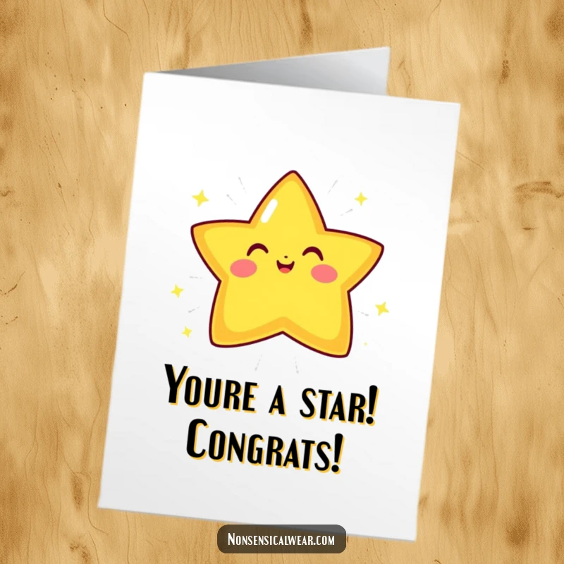 Funny Free Printable Congratulations Card: A super happy star character radiating energetic sparkly lines in celebration.