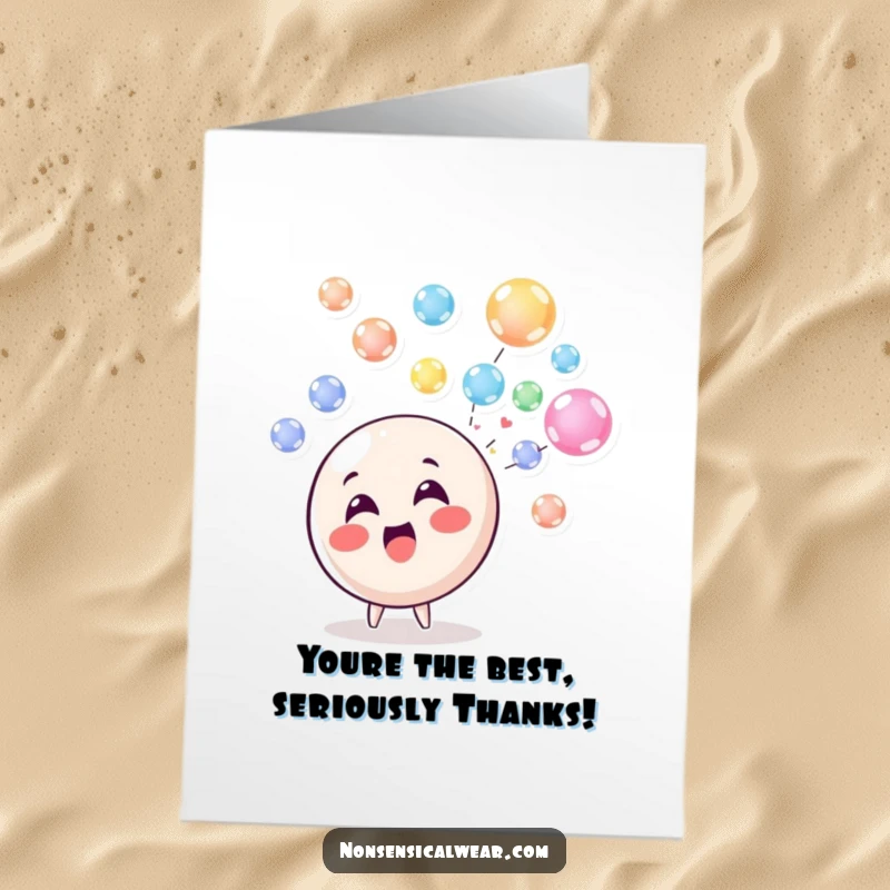 Funny Free Printable Thank You Card: Happy circle character blowing a stream of colorful, floating bubbles, a unique DIY thank you.