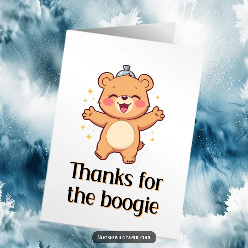 Funny free printable thank you card: a cheerful bear character gleefully dancing with a shiny disco ball, expressing thanks.