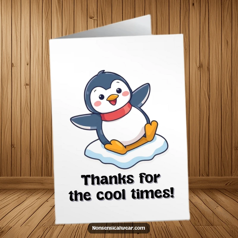 Funny Free Printable Penguin Thank You Card: Happy character slides down an icy slope, conveying playful gratitude and warmth.