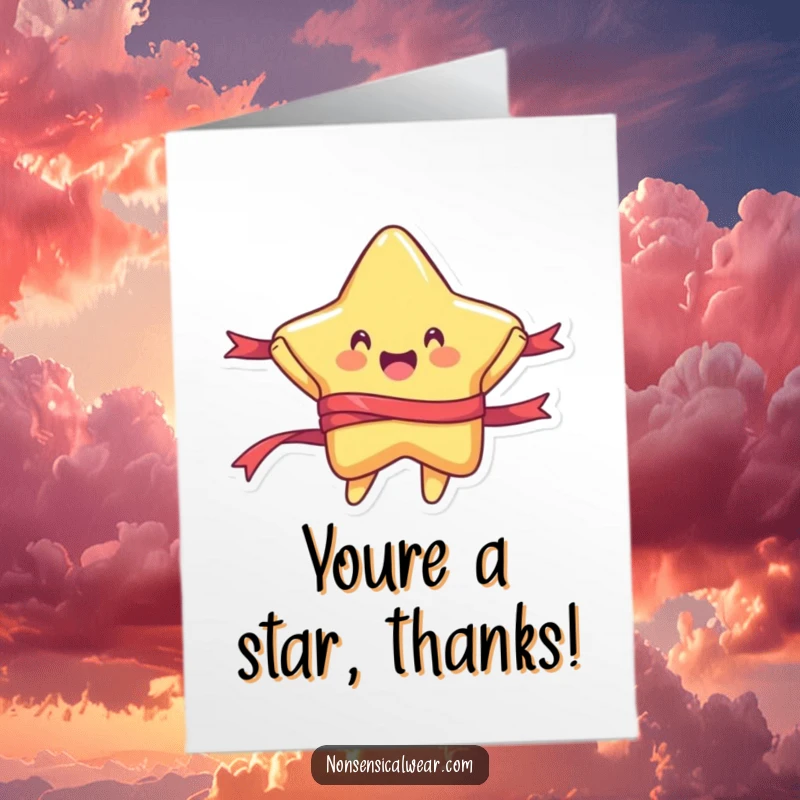 Joyful free printable thank you card: a rounded star character joyfully jumping with a ribbon, expressing heartfelt thanks.