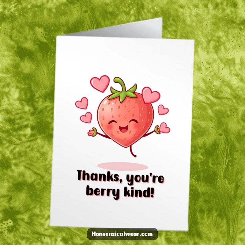 Funny Free Printable Thank You Card: A cheerful strawberry character skillfully juggling hearts, sending thanks.