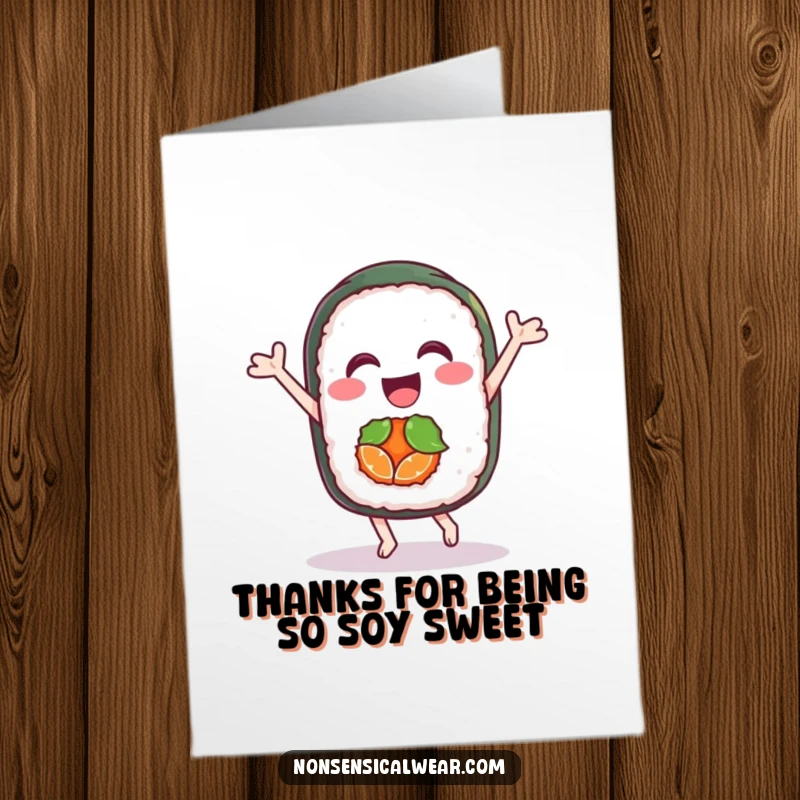 Funny Free Printable Sushi Thank You Card featuring a happy sushi roll doing a little dance, conveying heartfelt thanks.