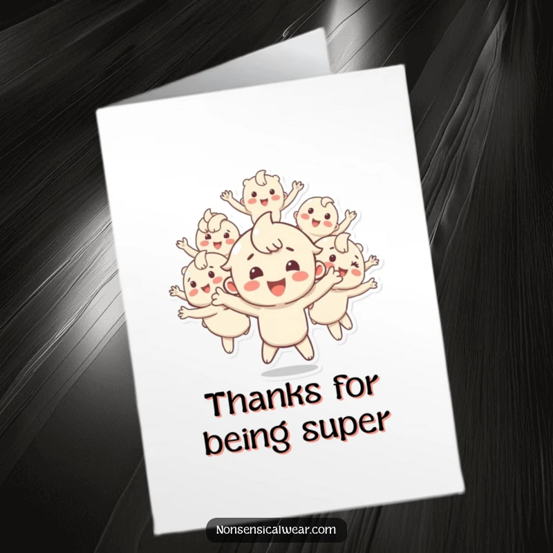 Funny Free Printable Thank You Card: Happy character splits into many bouncing copies, signifying thanks.