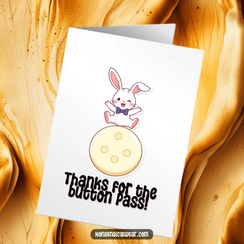 Funny Free Printable Thank You Card depicting a playful rabbit in a bow tie, leaping over a large button with a happy expression.