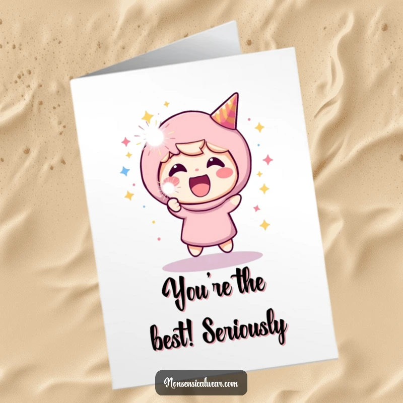 Funny Free Printable Thank You Card: Character celebrates with a party popper, expressing enthusiastic thanks with a confetti blast.