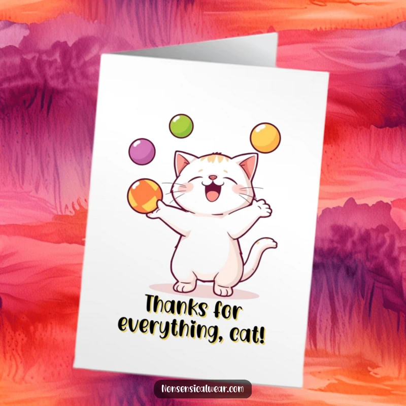 Funny Free Printable Thank You Card of a cute kawaii cat enthusiastically juggling three colorful balls, conveying heartfelt thanks.