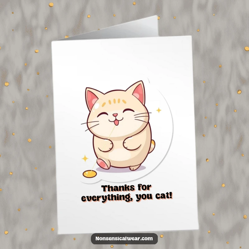 Funny Free Printable Thank You Card: Round cat mesmerized by a laser dot, offering thanks with playful and endearing humor.