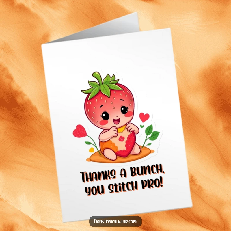 Funny Free Printable Thank You Card: Cheerful strawberry character happily stitching a colorful patch, expressing heartfelt thanks.