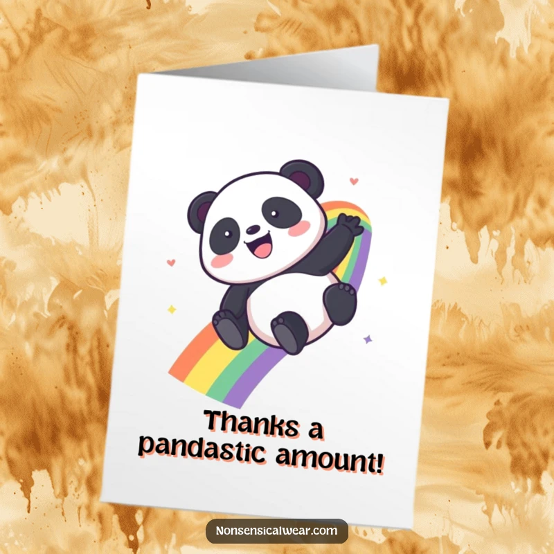 Funny Free Printable Thank You Card with a kawaii panda descending a rainbow, conveying joyful thanks.