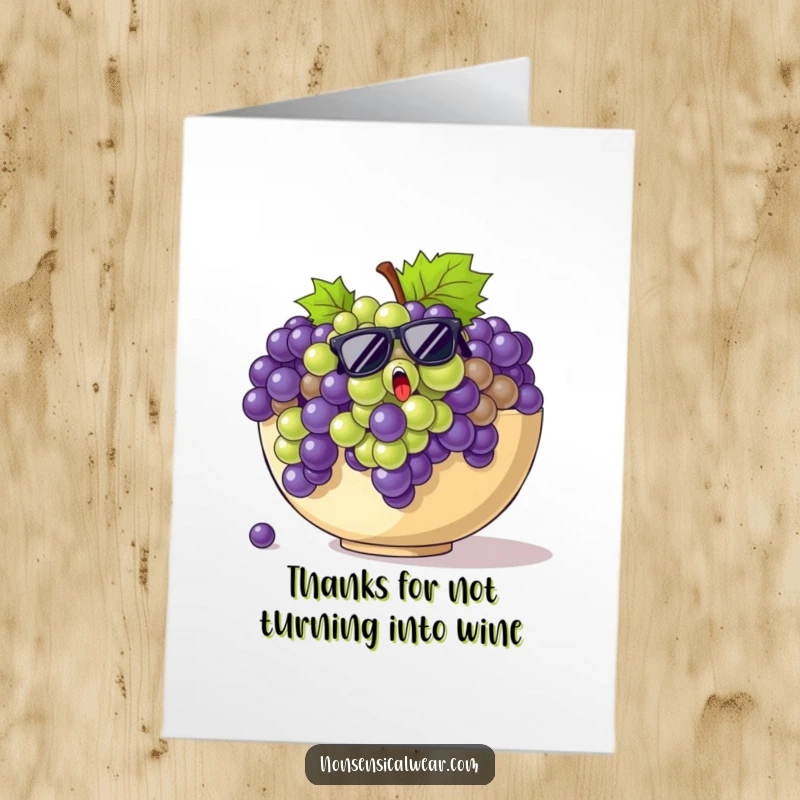 Funny Free Printable Thank You Card: Grapes in sunglasses comically escaping a fruit bowl, conveying thanks with humor.