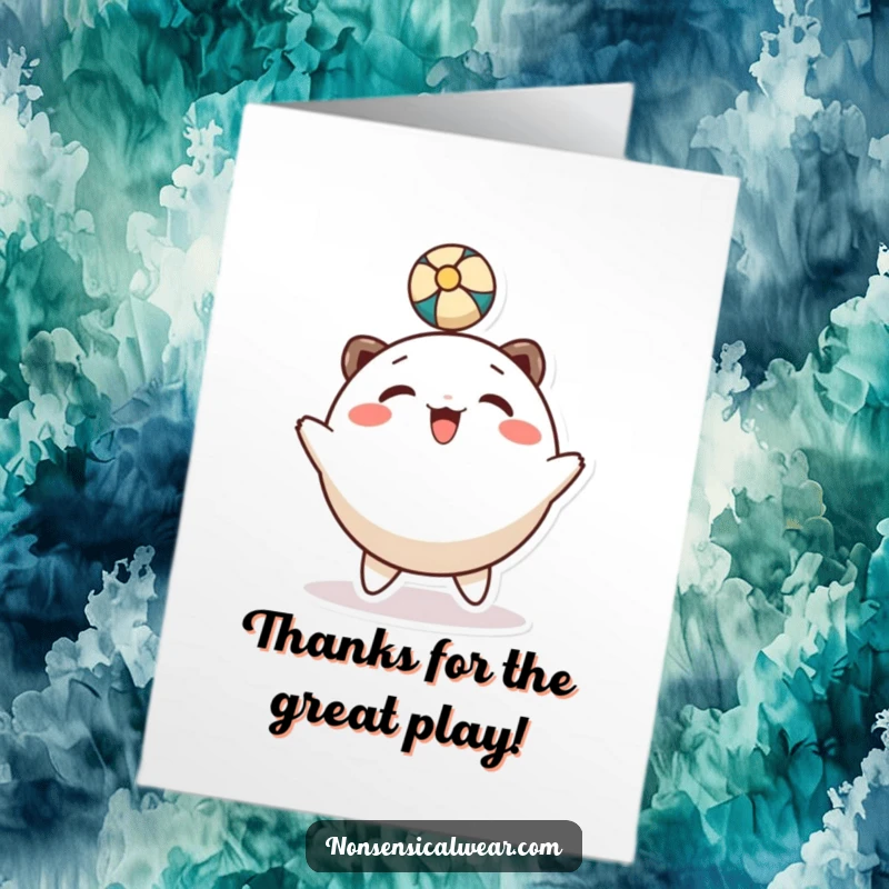 Funny Free Printable Thank You Card: Character happily bounces a ball on its head, expressing thanks.