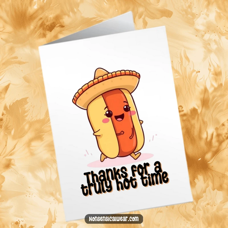 Funny Free Printable Thank You Card: Cheerful hot dog in a sombrero humorously tripping over its bun to express thanks.