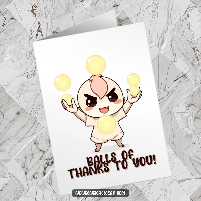 Funny Free Printable Thank You Card: Mischievous character juggles glowing orbs, symbolizing thanks.