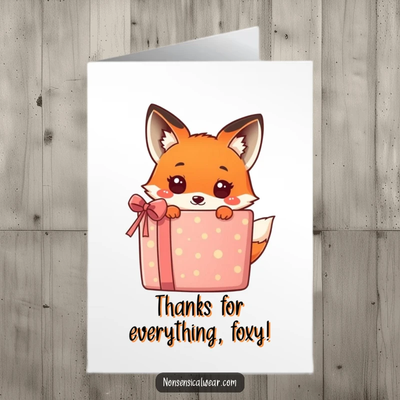 Funny Free Printable Thank You Card: A cute kawaii fox peeking from behind a present, saying thanks.