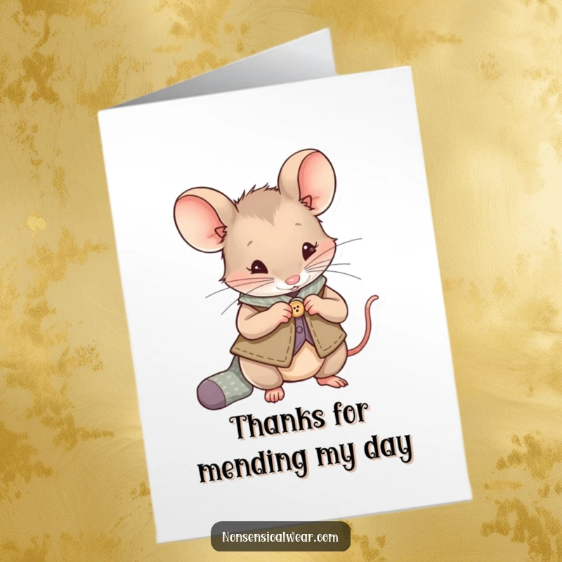 Funny Free Printable Thank You Card: Curious mouse in vest sewing a button onto a sock, showing thanks.