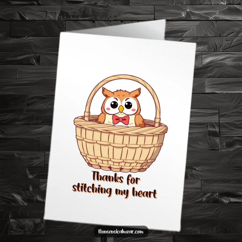 Funny Free Printable Thank You Card: Jolly owl in bow tie peeking from sewing basket, expressing gratitude.
