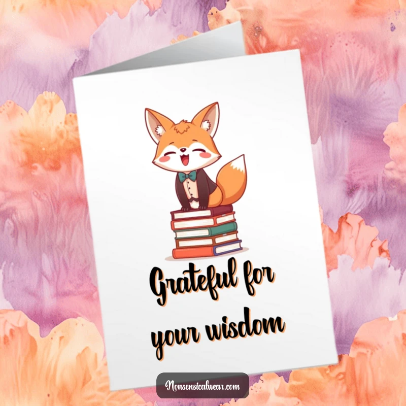 Funny Free Printable Thank You Card depicting a giggling fox in a vest and bow tie, balancing on books to say thanks.