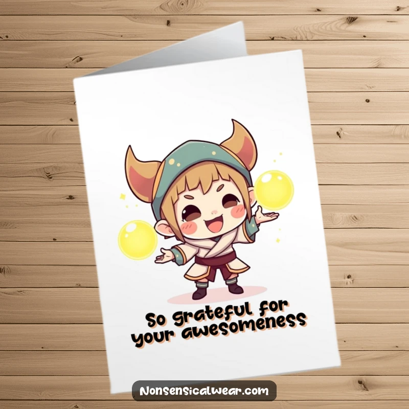 Funny Free Printable Thank You Card: Mischievous character juggles glowing orbs, playfully showing thanks for kindness received.