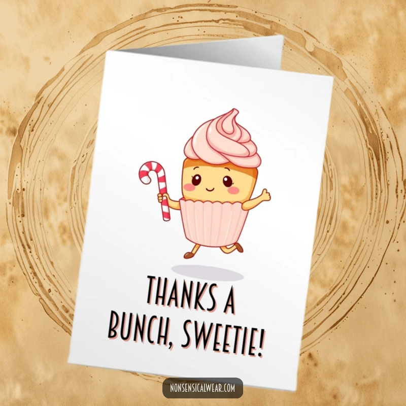 Funny free printable thank you card featuring a kawaii cupcake character jumping rope with a candy cane, expressing sweet appreciation.