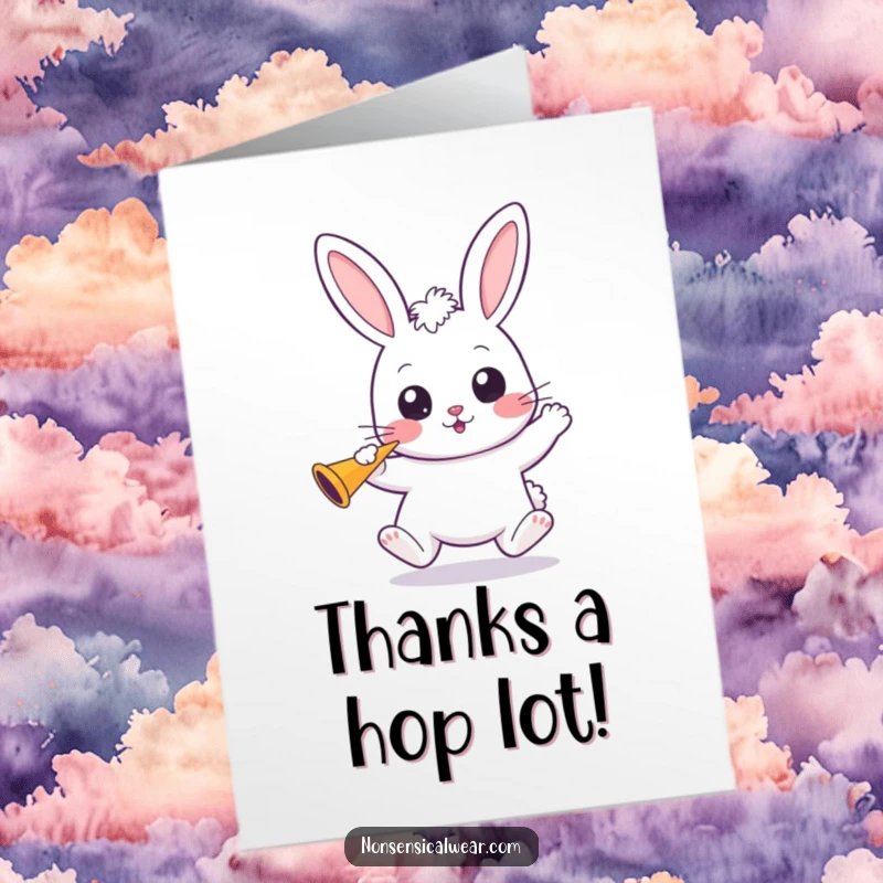 Funny Free Printable Thank You Card featuring a bouncing kawaii bunny with wide eyes, holding a party horn to express thanks.