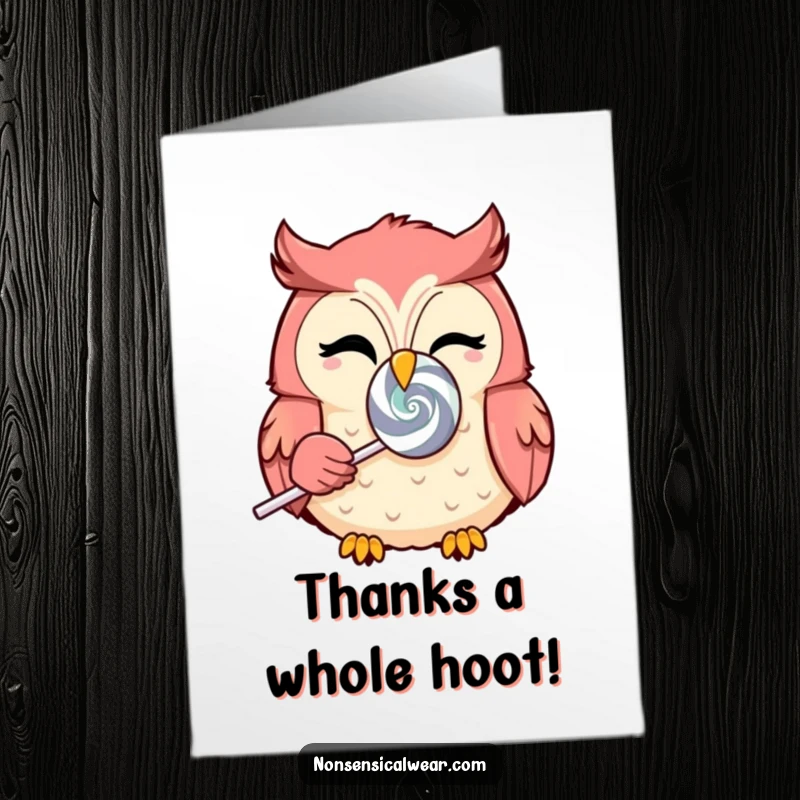 Funny Free Printable Thank You Card: Adorable kawaii owl winking playfully while offering a spinning lollipop as a token of thanks.