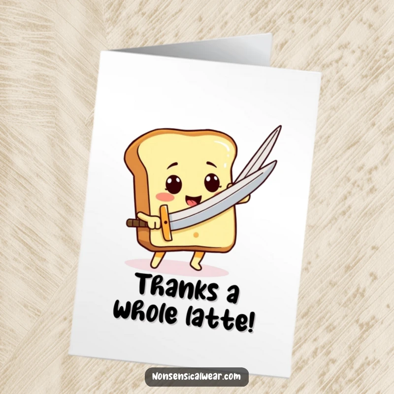 Funny Free Printable Thank You Card: A smiling toast character using a giant needle like a sword to say thank you.