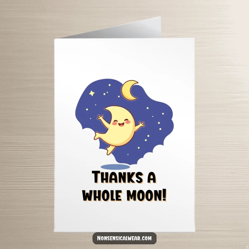 Funny Free Printable Thank You Card: A smiling crescent moon character performing a fun cartwheel against the night sky.