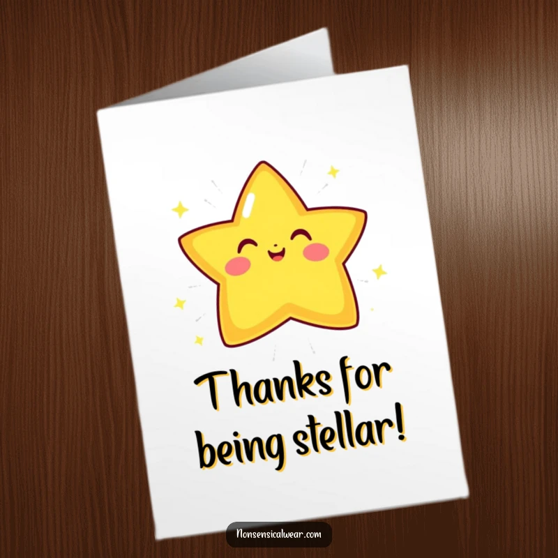 Funny Free Printable Thank You Card: A happy star character radiating bright, sparkly lines of pure joy.