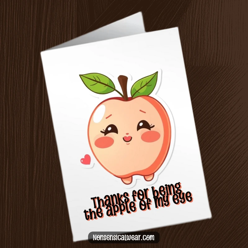 Funny Free Printable Apple Thank You Card featuring a blushing apple blowing a kiss, conveying sweet and heartfelt thanks.