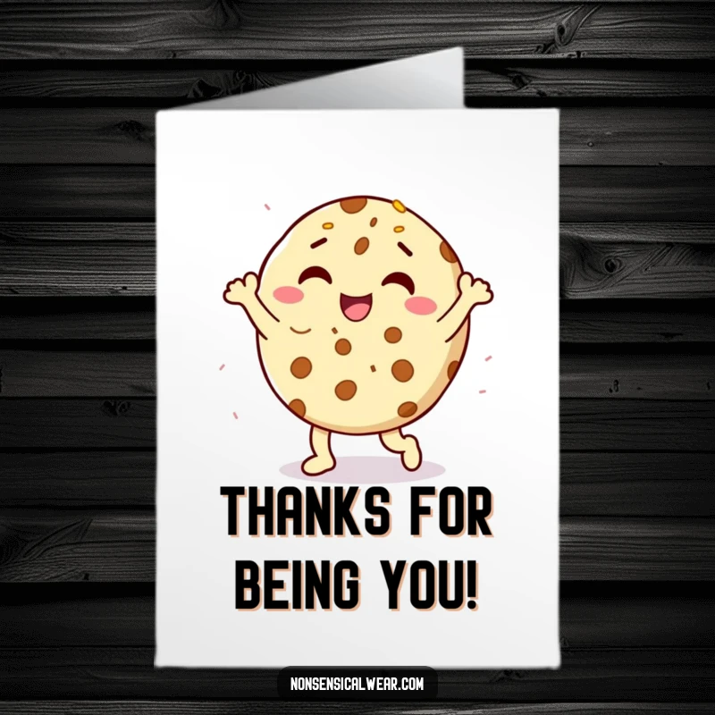 Funny free printable thank you card with a delighted cookie character doing a happy dance with sprinkles, expressing sweet appreciation.
