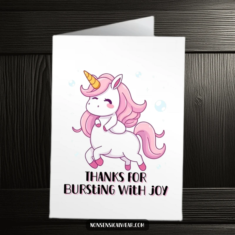 Funny Free Printable Thank You Card: Giggling character rides a bubble unicorn, sending thanks.