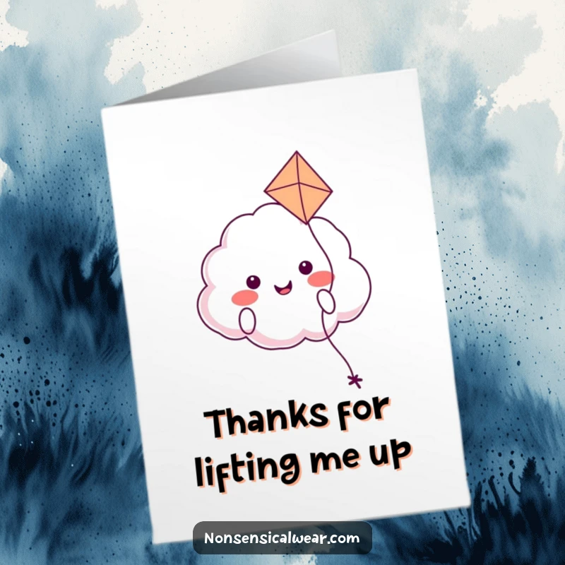 Happy free printable thank you card: a smiling cloud character happily floating with a kite, conveying gratitude.