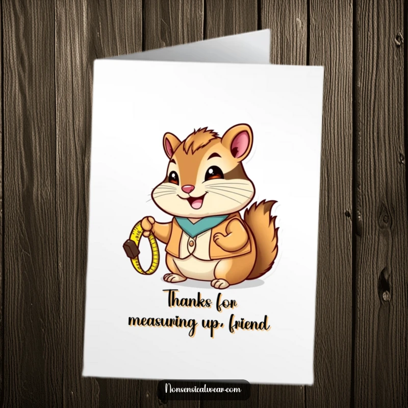 Funny Free Printable Thank You Card: Happy chipmunk in vest holding measuring tape, expressing gratitude.