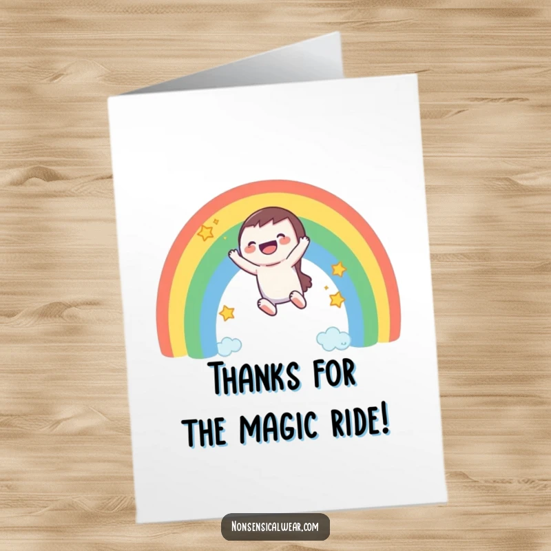 Funny Free Printable Thank You Card: Character slides down a vibrant rainbow, a symbol of happy gratitude.