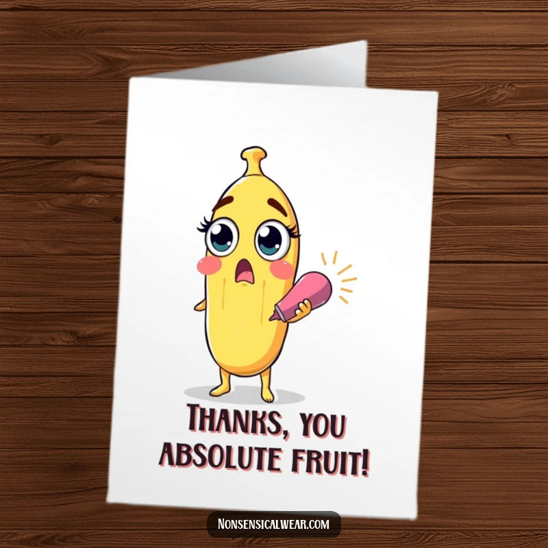 Funny free printable thank you card with a surprised banana character with wide eyes holding a party popper, expressing fruity gratitude.