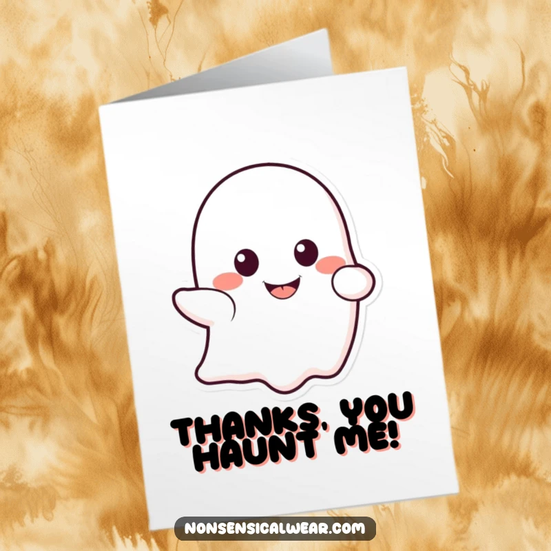 Funny Free Printable Thank You Card: A smiling ghost character playfully peeking from behind a bright yellow smile.
