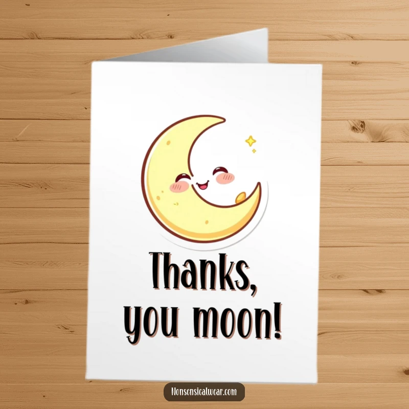 Happy free printable thank you card: a crescent moon character winking and spinning, conveying thanks with a touch of magic.