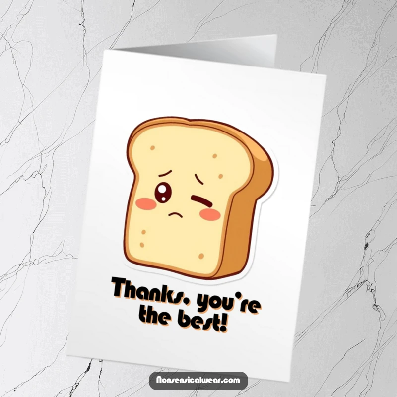 Funny Free Printable Thank You Card: A single-eyed bread loaf blinking shyly, offering a humorous and heartwarming thank you message.
