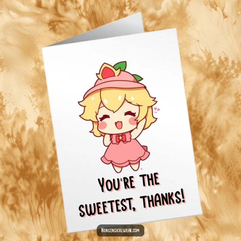 Funny Free Printable Thank You Card: A playful peach character enthusiastically trying on a tiny hat for a sweet thank you.