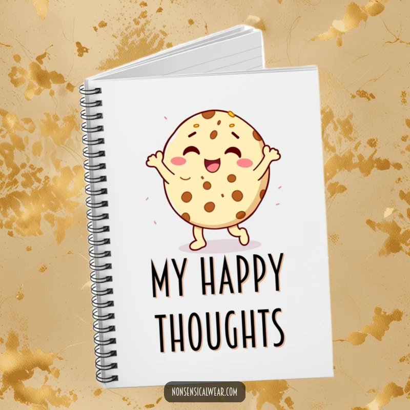 Funny delighted cookie character doing a happy dance with sprinkles on the cover of a notebook, for humorous note-taking.