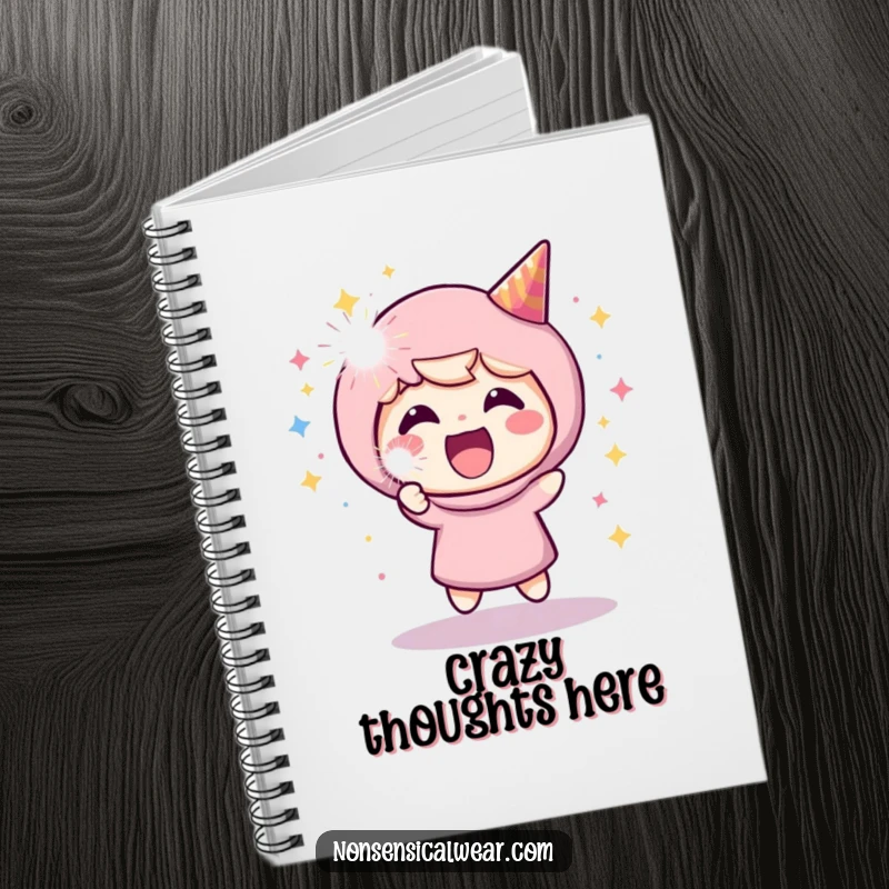 Funny notebook cover with a joyful character launching a party popper, inspiring creativity and cheerful note-taking.