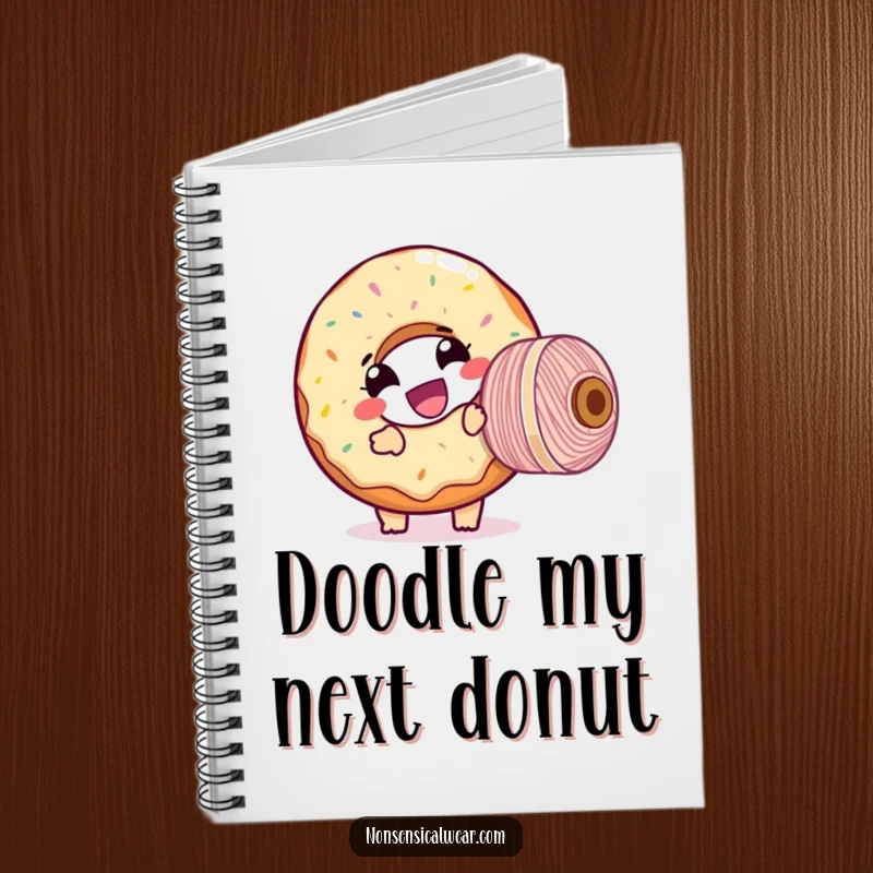 Funny notebook with a giggling donut character comically winding a large spool of thread, great for creative notes and planning.