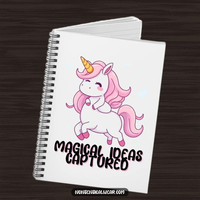 Funny notebook featuring a giggling character riding a unicorn made of shimmering bubbles, perfect for notes, sketches, and capturing whimsical ideas, a unique gift.