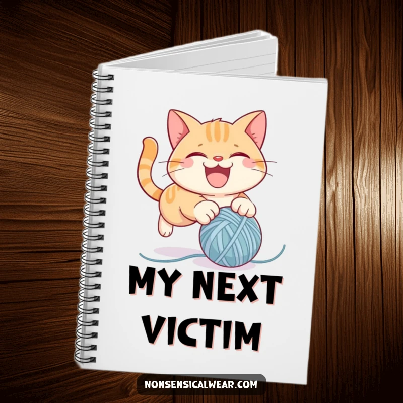 Funny notebook featuring a mischievous cat character playfully pouncing on a ball of yarn, perfect for journaling and note-taking.