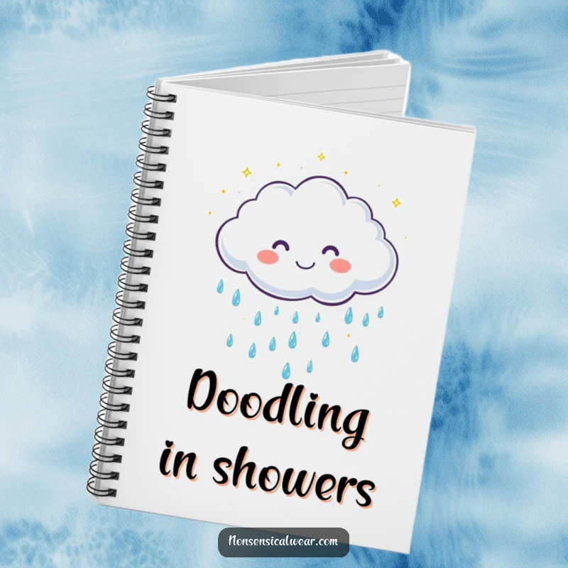 Funny notebook with a cute, grinning cloud character showering gentle, sparkling raindrops, ideal for jotting down cheerful notes.