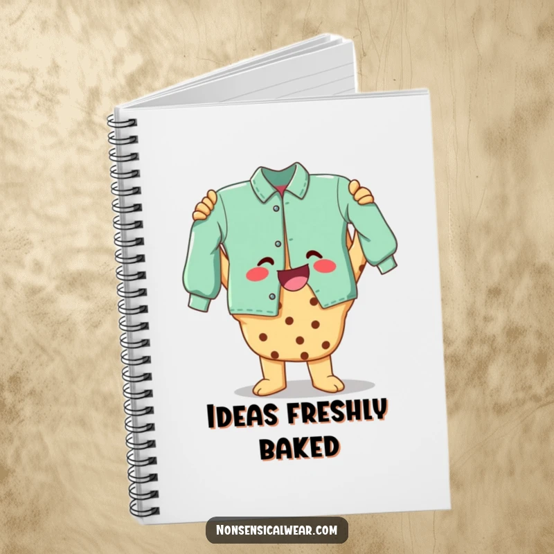Funny notebook with a joyful cookie character holding a garment, perfect for jotting down creative ideas and plans.